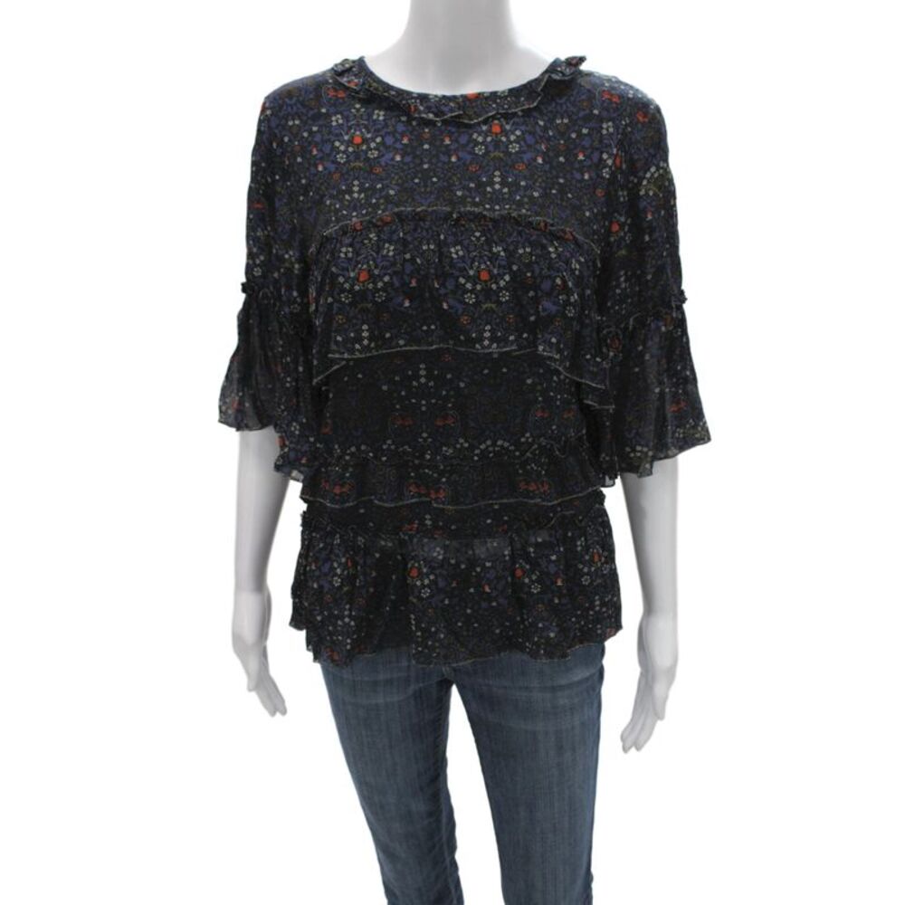 Velvet Women Multicolor Peasant Blouse 3/4 Sleeve Round Neck Size L